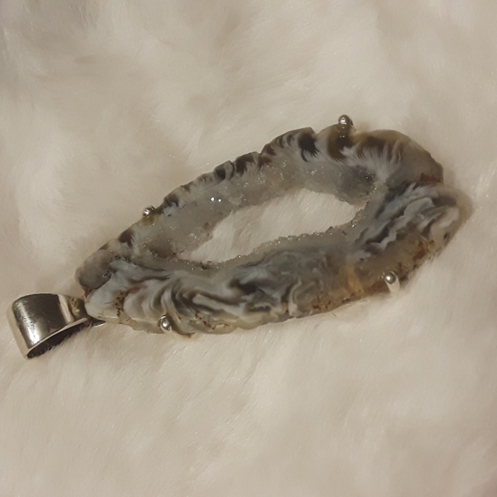 Geode Druzy Agate Slice Pendant .925 Sterling Silver Shimmer White Black Gray - Picture 6 of 11
